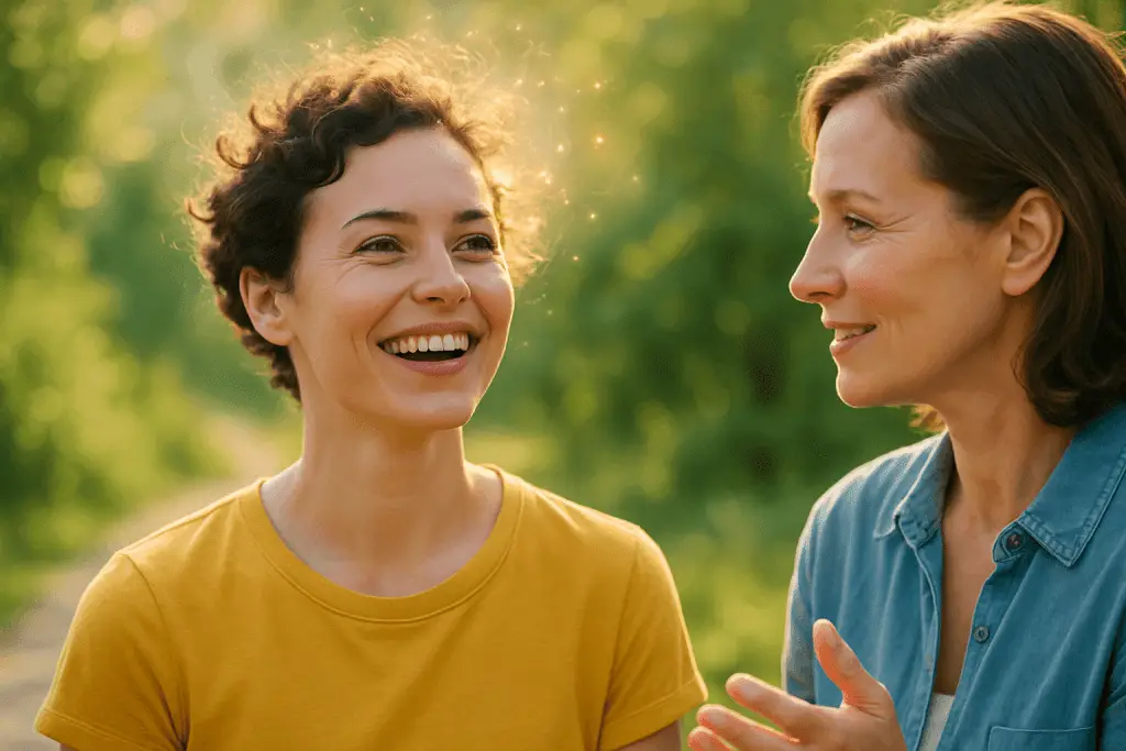 Benefits of NLP therapy and coaching Two women talk calmy and one experiences magical transformation